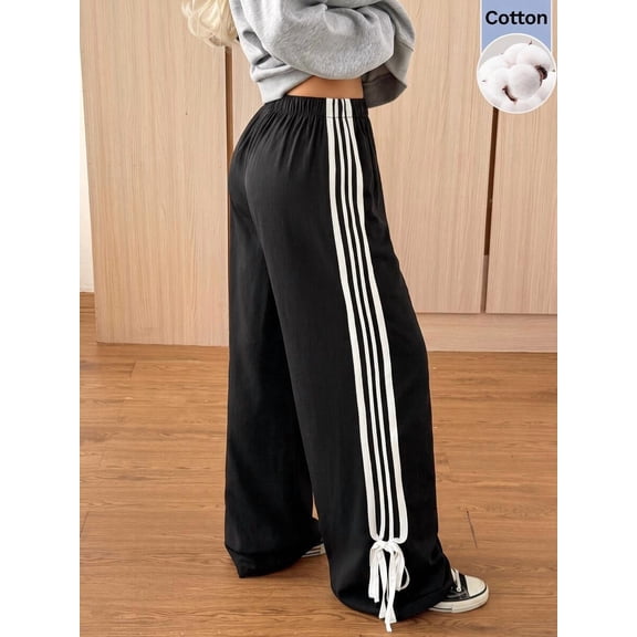 Side Stripe Wide Leg Trousers for Women Elastic Waist Bow Accent Pants