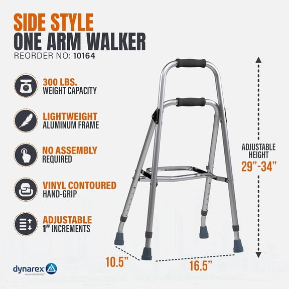 Side Style One-Arm Walker - Recommended User Height 5'1" - 5'10" & 300 lb. Weight Capacity, Height Adjustable, Silver, 1 Unit