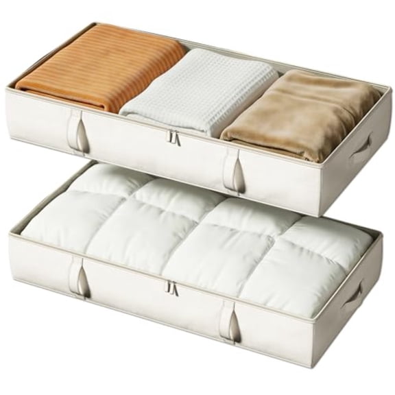 Side-Supported Under Bed Storage Containers 6 Inches Tall 60L Underbed Storage Bins with Sturdy Handles and Sidewalls Closet Organizer for Clothes Blankets Seasonal Items Beige 2-Pack