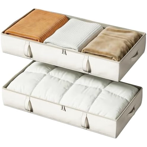 Side-Supported Under Bed Storage Containers, 6 Inches Tall 60L Underbed Storage Bins with Sturdy Handles and Sidewalls, Closet Organizer for Clothes, Blankets, Seasonal Items, Beige, 2-Pack
