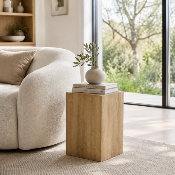 Side Table 12 Inch Square Natural Wood Grain MDF End Pedestal Stand No Assembly for Sofa
