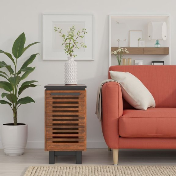 Side Table, 13 Inch Chairside End Table with Storage Door, Fully Assembled Poplar Wood, Two-Tone Black and Bourbon Finish
