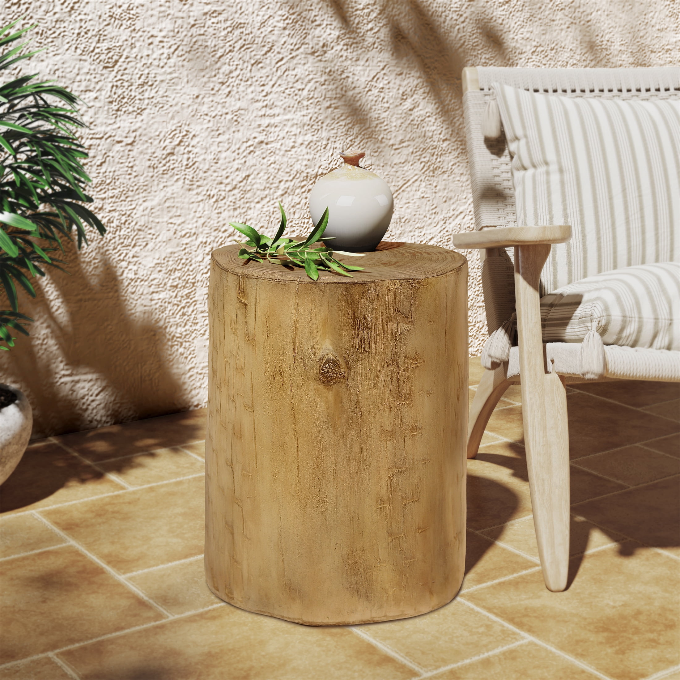 Side Table 14.25 Inch, Outdoor Hand-Painted Wood Stump Table for Patio Garden, Brown