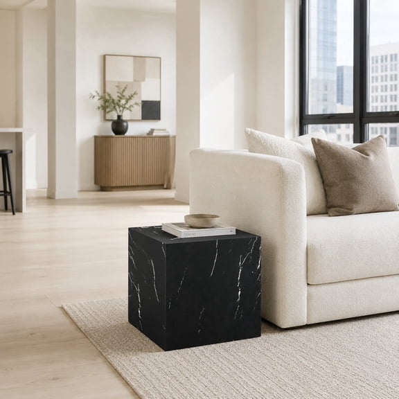 Side Table 16 Inch Cube Black Marble Pattern MDF Low Profile End Block No Assembly for Sofa