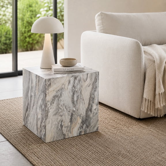 Side Table 16 Inch Cube Gray Stone Texture MDF Low Profile End Block No Assembly for Sofa