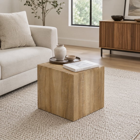 Side Table 16 Inch Cube Natural Wood Grain MDF Low Profile End Block No Assembly for Sofa