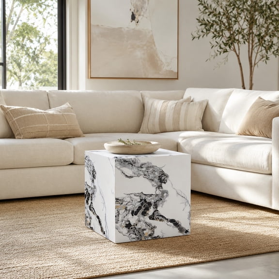 Side Table 16 Inch Cube White Stone Texture MDF Low Profile End Block No Assembly for Sofa