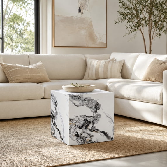 Side Table 16 Inch Cube White Stone Texture MDF Low Profile End Block No Assembly for Sofa