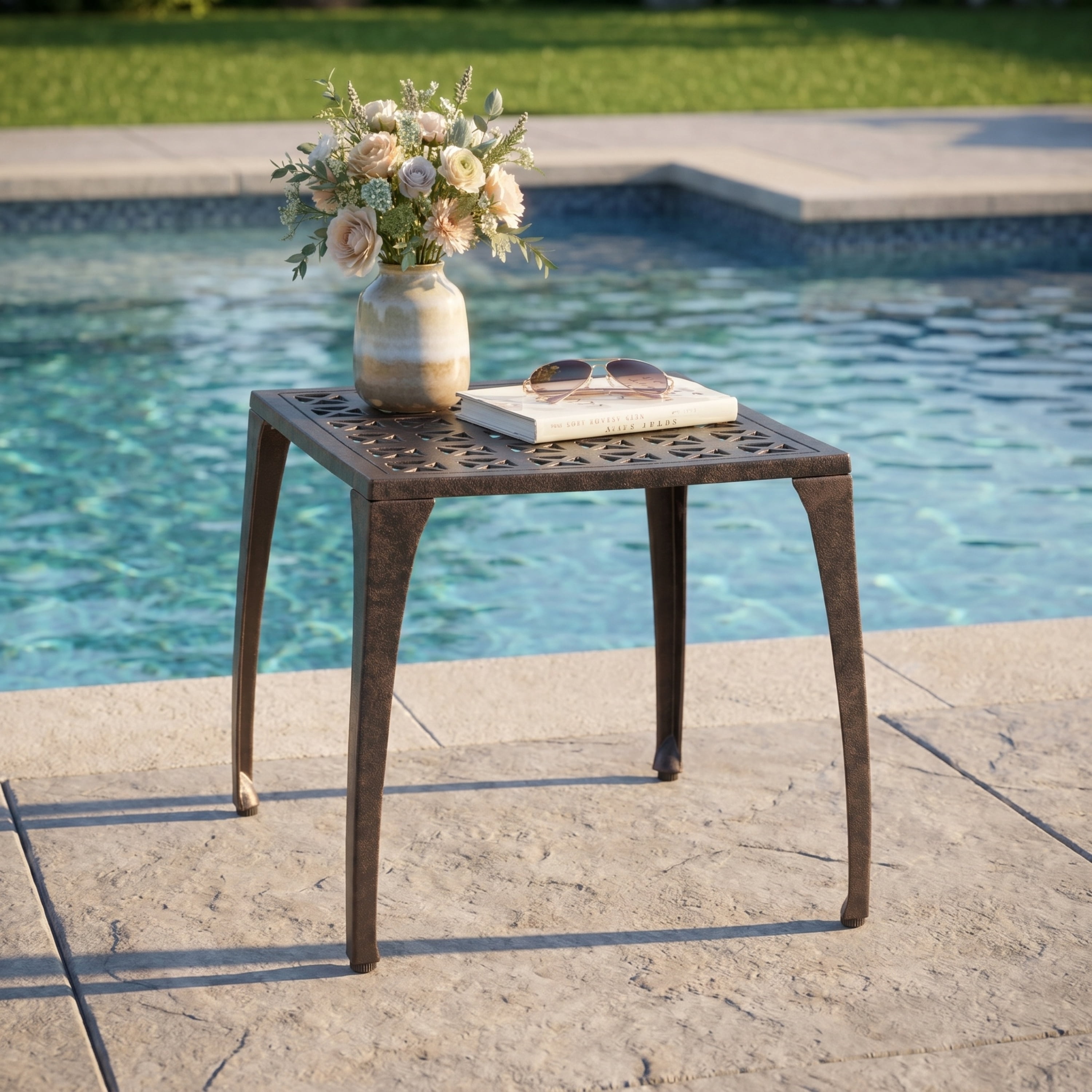 Side Table 18 Inch, Outdoor Cast Aluminum Table for Patio Balcony Garden, Bronze
