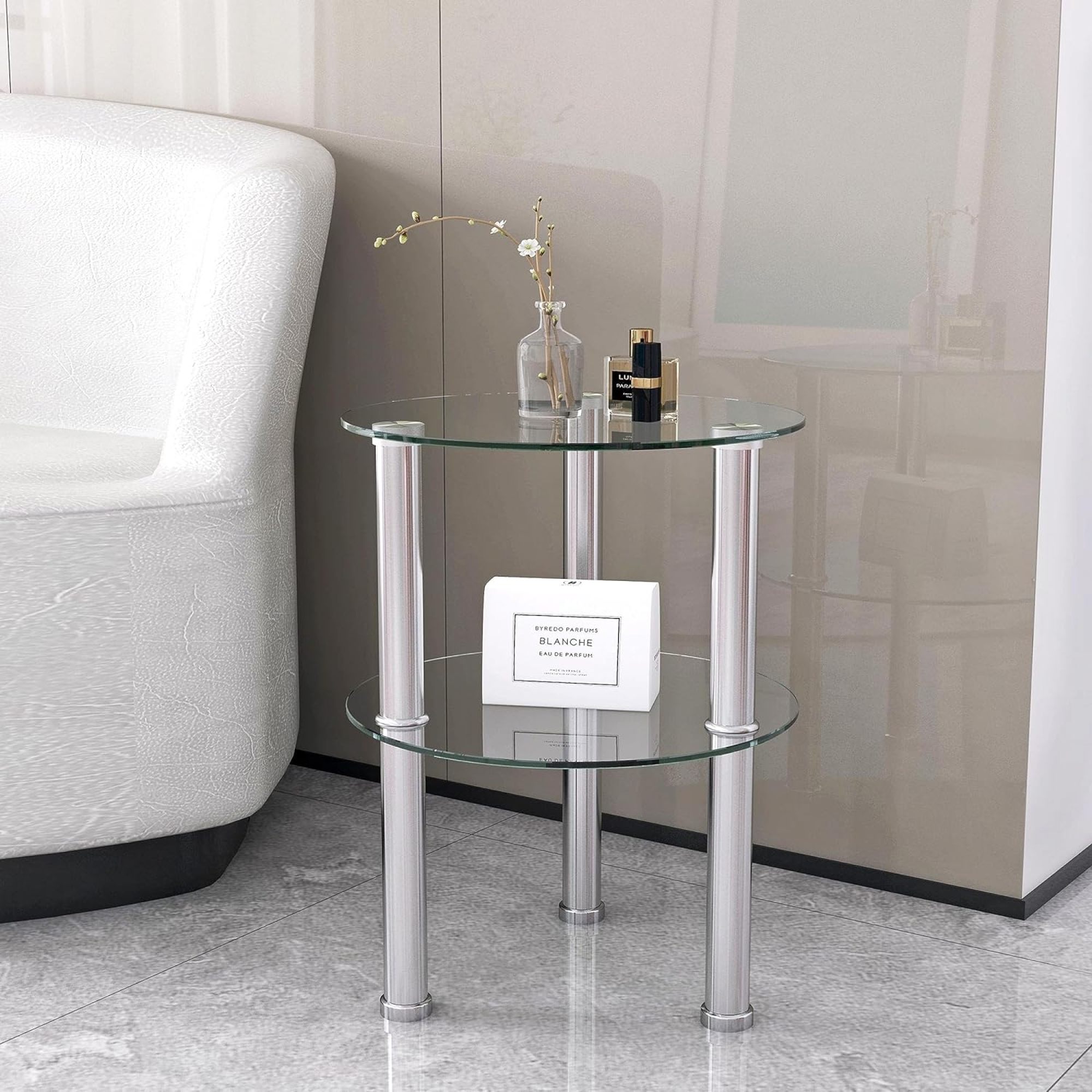Side Table 2-Layer Tempered Glass End Table, Round End Table for