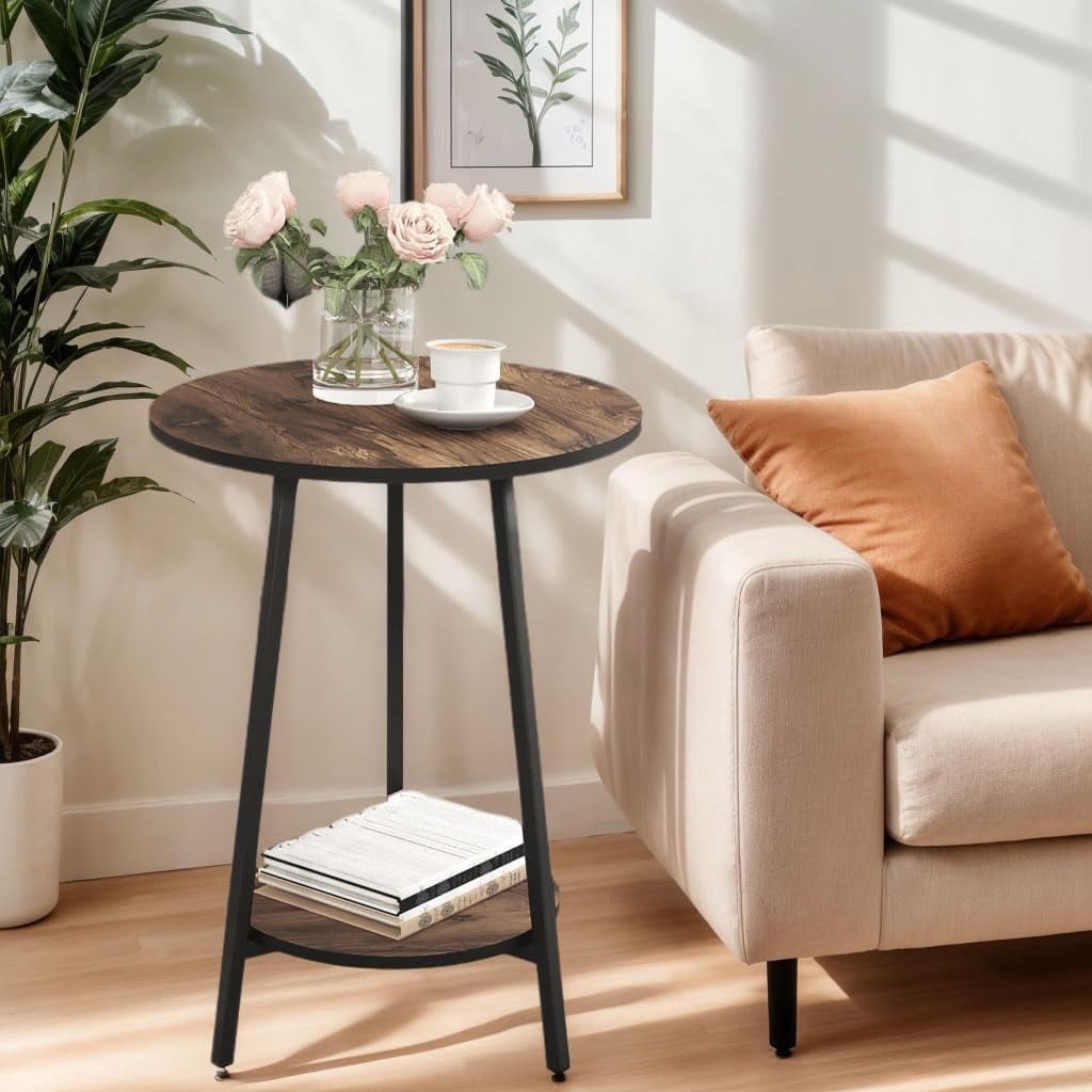 Side Table - 2-Tier End Table, Rustic Round End Tables - Waterproof ...