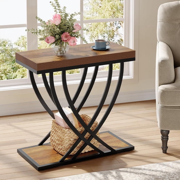Side Table, 2-Tier Narrow End Table for Living Room, Industrial Nightstand with Metal Frame, Small Bedside Tables for Bedroom, Sofa Couch, Small Spaces, Rustic Brown
