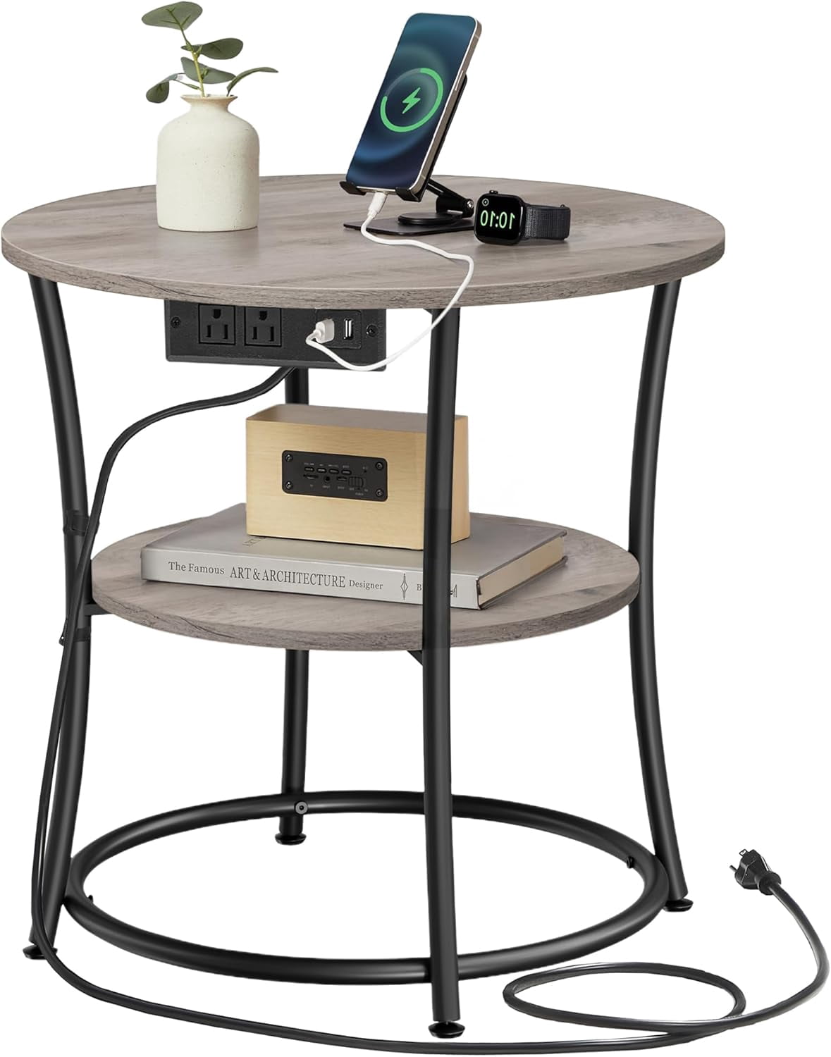 Side Table, 2-Tier Round End Table with Power Outlets, Nightstand with ...