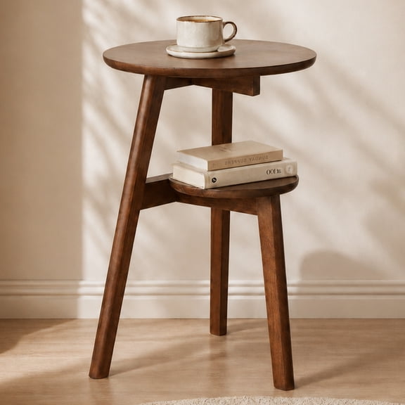 Side Table, 2-Tier Round Solid Wood End Table, Mid Century Modern Couch Side Table/Nightstand, Oak Accent Table for Small Space, Bedrooms, Living Room(Walnut)