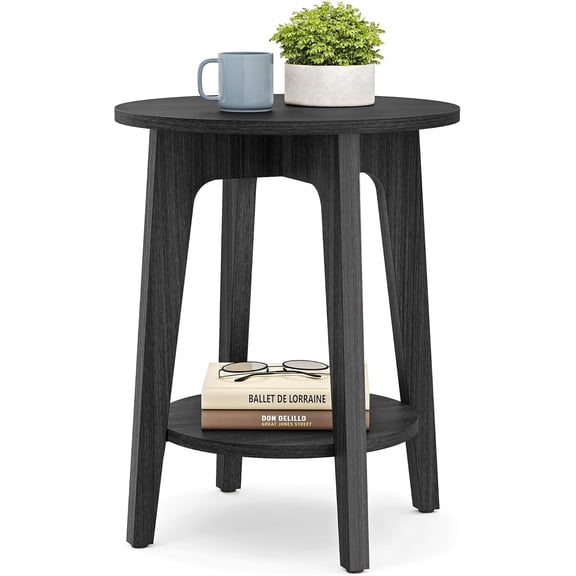 Side Table, 2-Tier Small Round End Table, Nightstand with Tapered Legs, Curved Transitions, for Small Spaces, Living Room, Bedroom, Charcoal Gray, with Lower Shelf