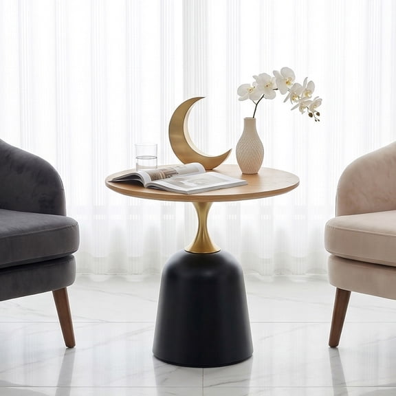 Side Table, 23.6 Inch Round Coffee Table with Wood Grain MDF Top and Sturdy Metal Base, Modern Nordic Accent End Table for Living Room, Bedroom, and Office, Natural Wood Color