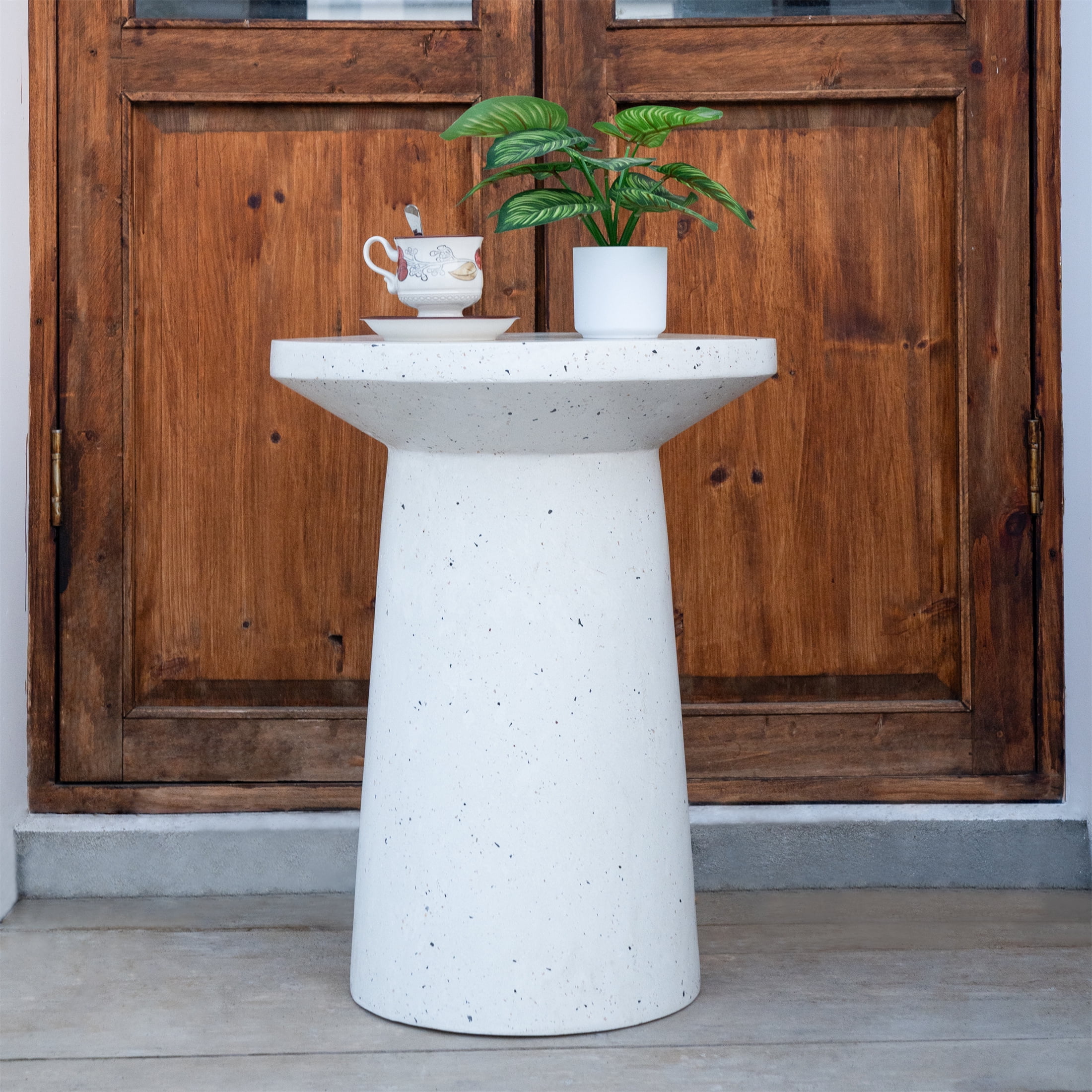 Side Table 24 Inch H, Outdoor Terrazzo Table for Patio Balcony Garden, White