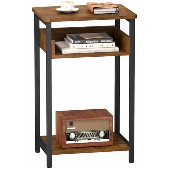 Side Table, 25 inch High End Table, Small Bedside Table for Living Room, Bedroom and Office, Rustic Brown & Black