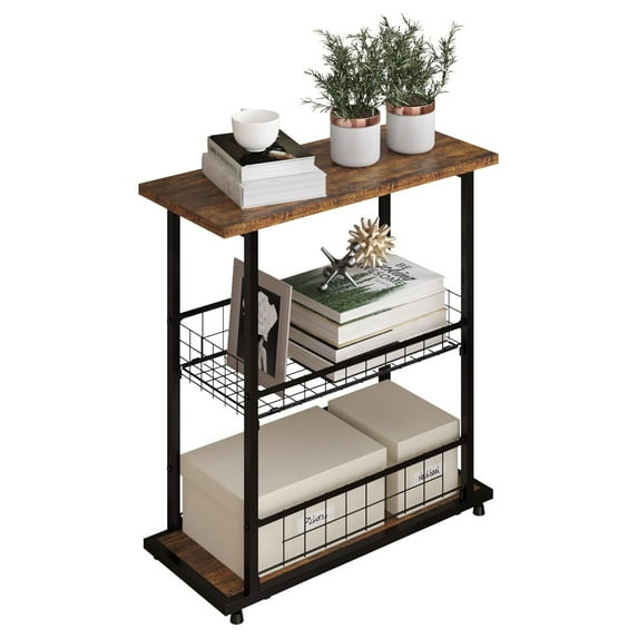 Side Table, 3-Tier End Table, Narrow Sofa Table Bedside Table, Small Nightstand with Storage Shelf and Fence for Living Room, Study, Bedroom, Rustic Brown