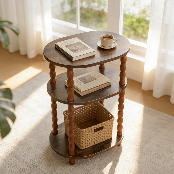 GOODLAN Wooden 3-Tier Side Table, Small End Table for Living Room and Bedroom, Rustic Walnut Vintage Accent Coffee Table Nightstand with Storage