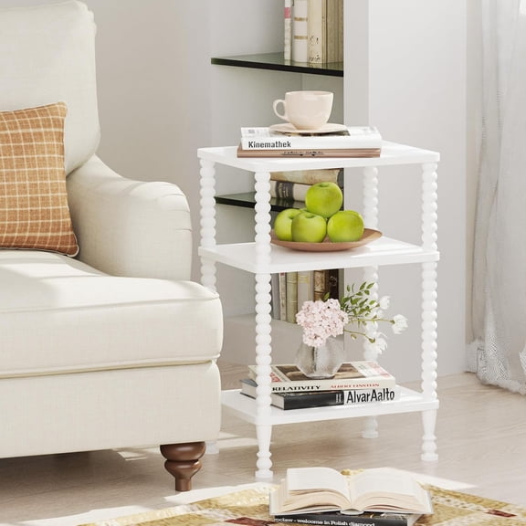 Side Table, 3-Tier Small End Table, Tall Accent Table with Storage Shelf for Small Spaces, Bedroom, Living Room, Farmhouse, White
