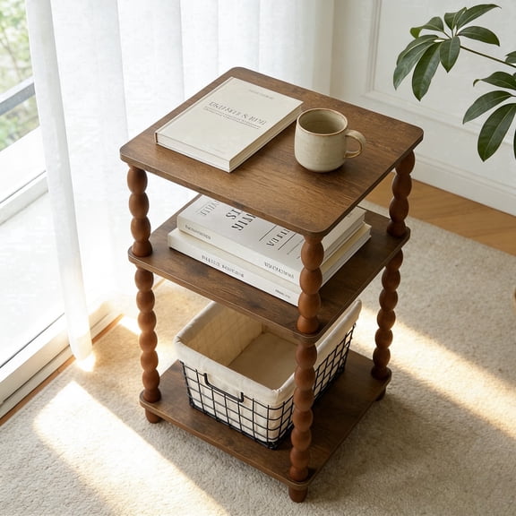Wooden Side Table, Small End Table with Storage Shelf, Modern Bedside Coffee Table Night Stand for Living Room, Bedroom, Office and Small Spaces oak Black Rustic Brown (Rustic Walnut)