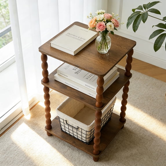 Wooden Side Table, Small End Table with Storage Shelf, Modern Bedside Coffee Table Night Stand for Living Room, Bedroom, Office and Small Spaces oak Black Rustic Brown (Rustic Walnut)