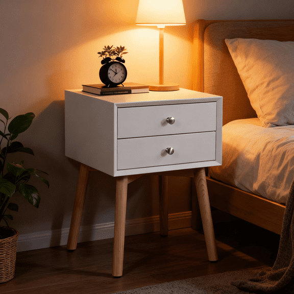 Side Table,Bedside Table with 2 Drawers and Rubber Wood Legs, Mid-Century Modern Storage Cabinet for Bedroom Living Room, White