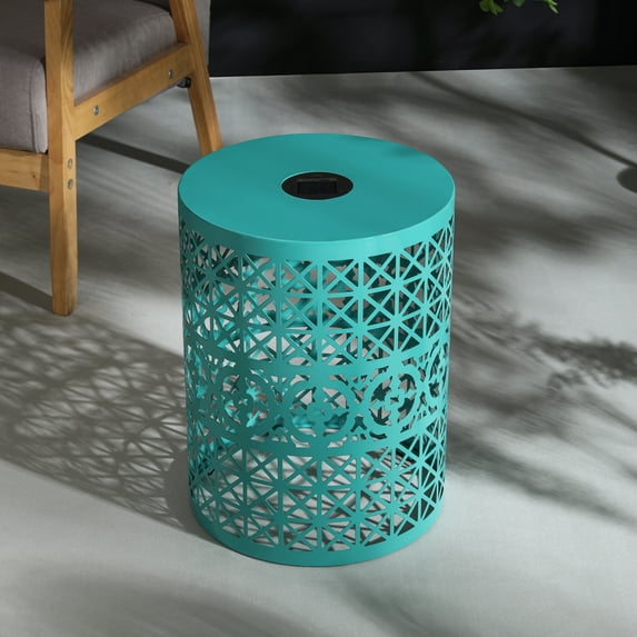 Side Table With Built-In Solar Powered Light, Hollow-Out Design Classic Living Room Table, Metal Patio Accent Side Table For Yard Balcony Garden Bedside Small Spaces