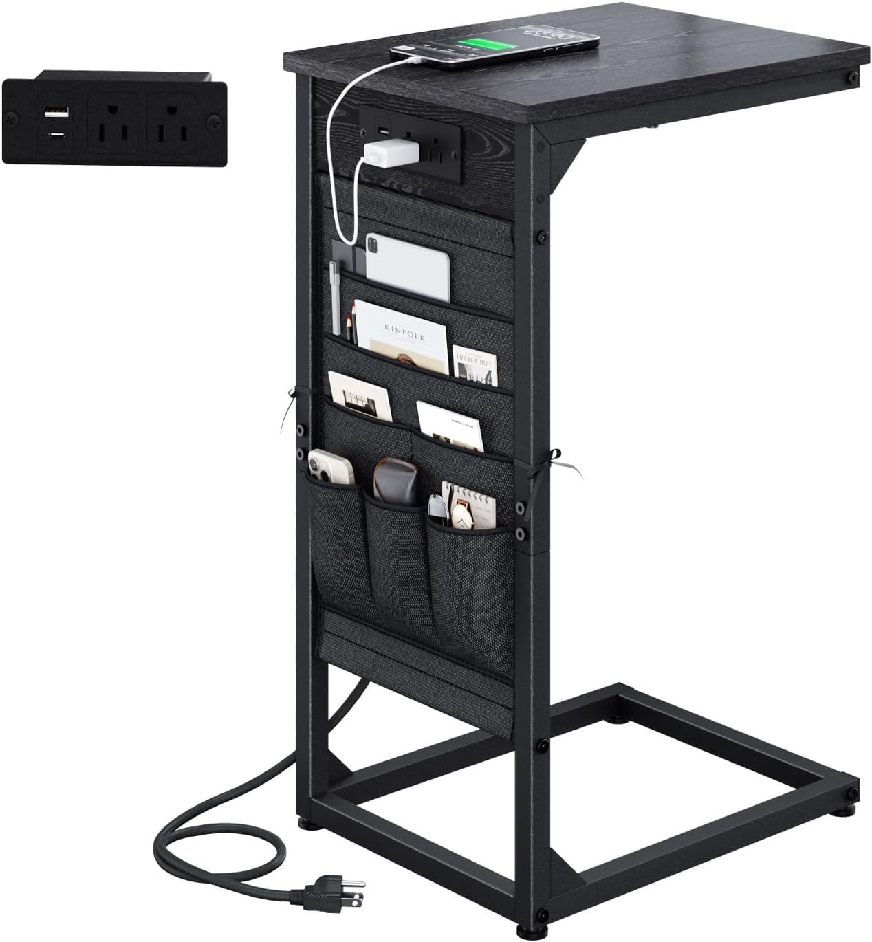 Black Metal C-Shaped Side Table with Charging Station