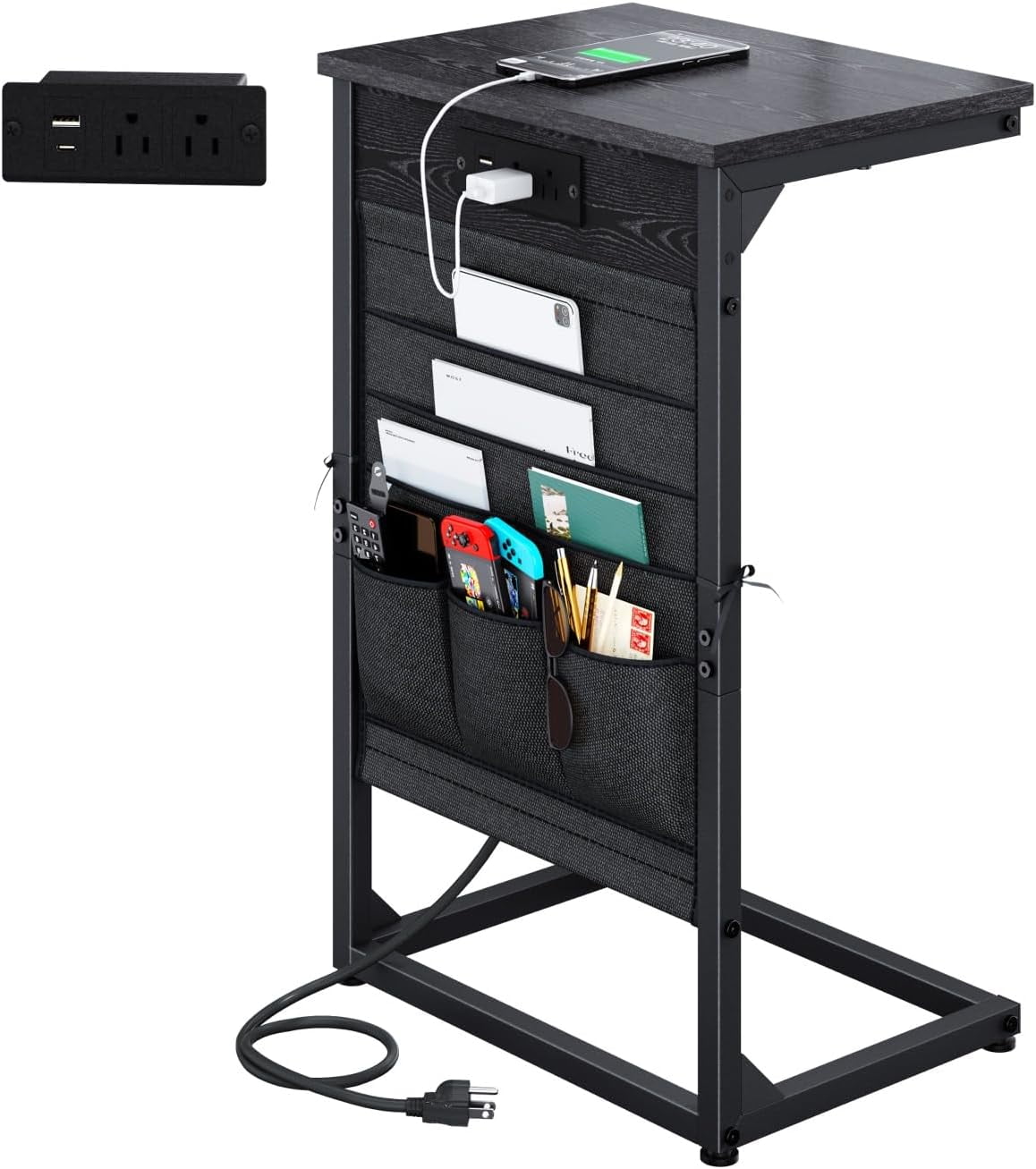 Black Metal C-Shaped Side Table with Charging Station
