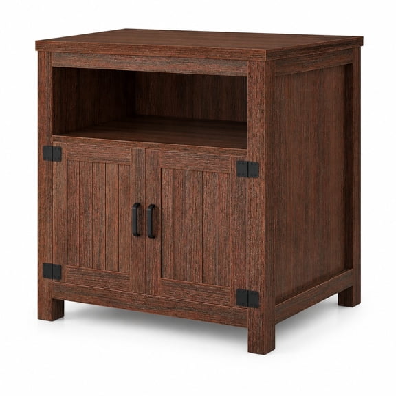 Side Table with Charging Station, 24-Inch Wooden Square Nightstand with Open Shelf and Barn Door Storage, Farmhouse Bedside Table for Living Room Bedroom, Walnut