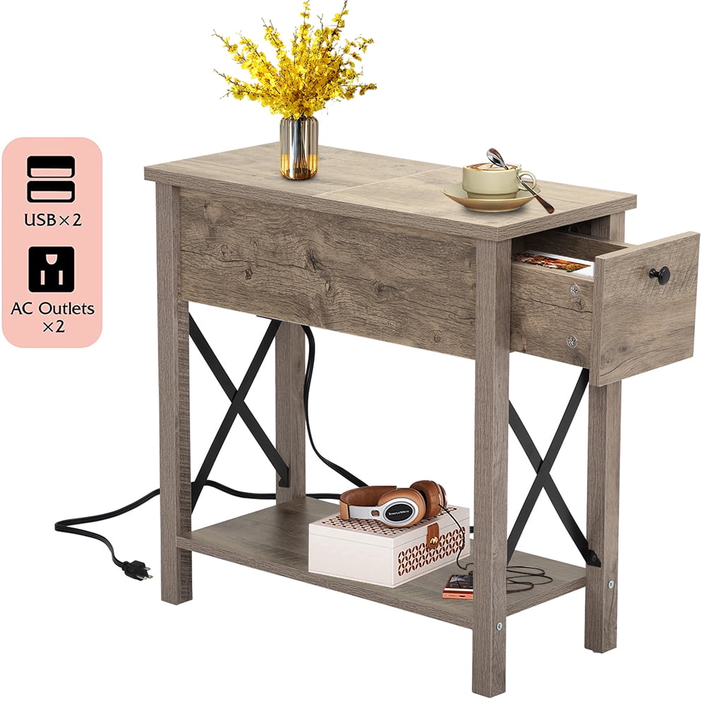 Side Table with Charging Station, BTMWAY Farmhouse Flip Top Side End