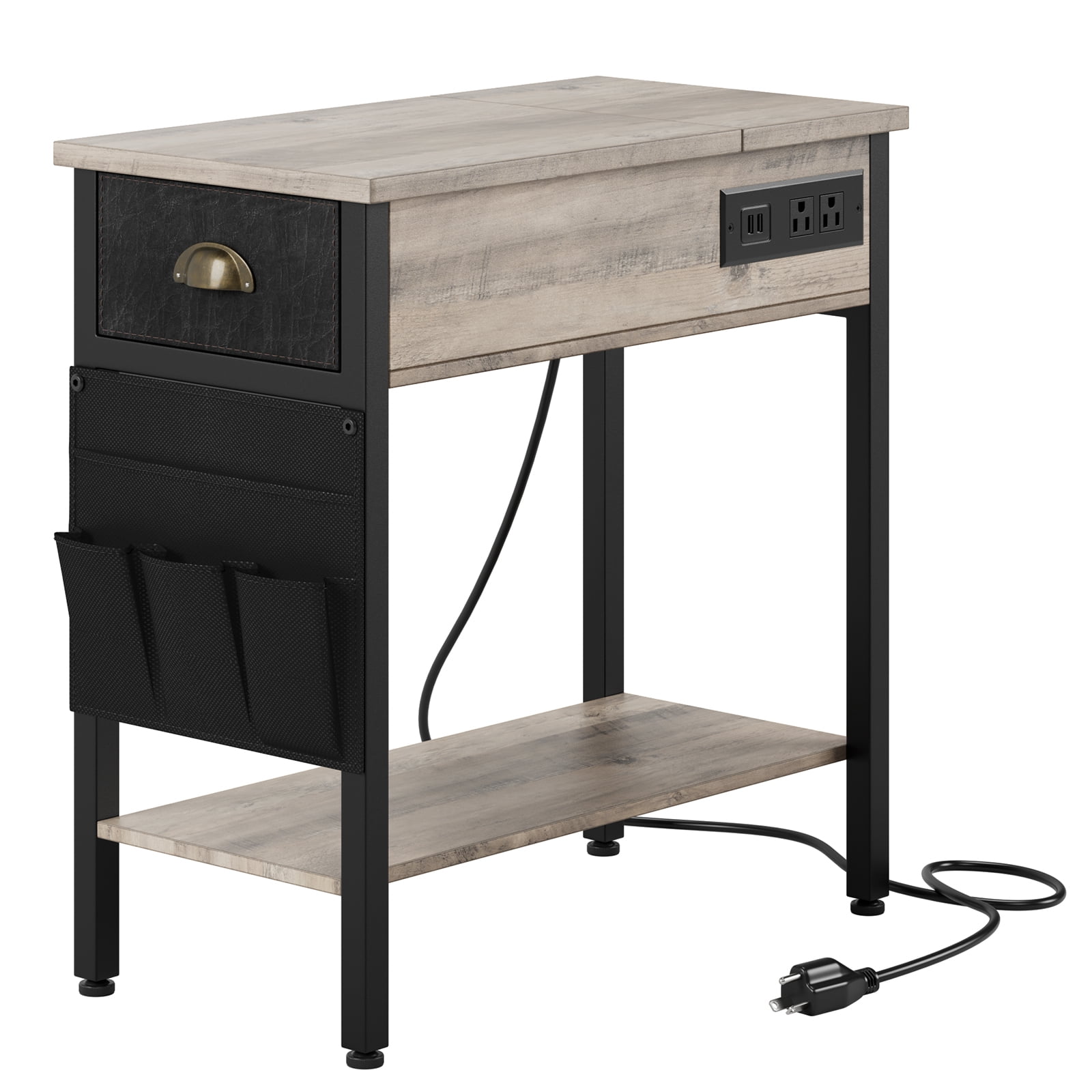 Side Table with Charging Station, End Table for Living Room, Nightstand
