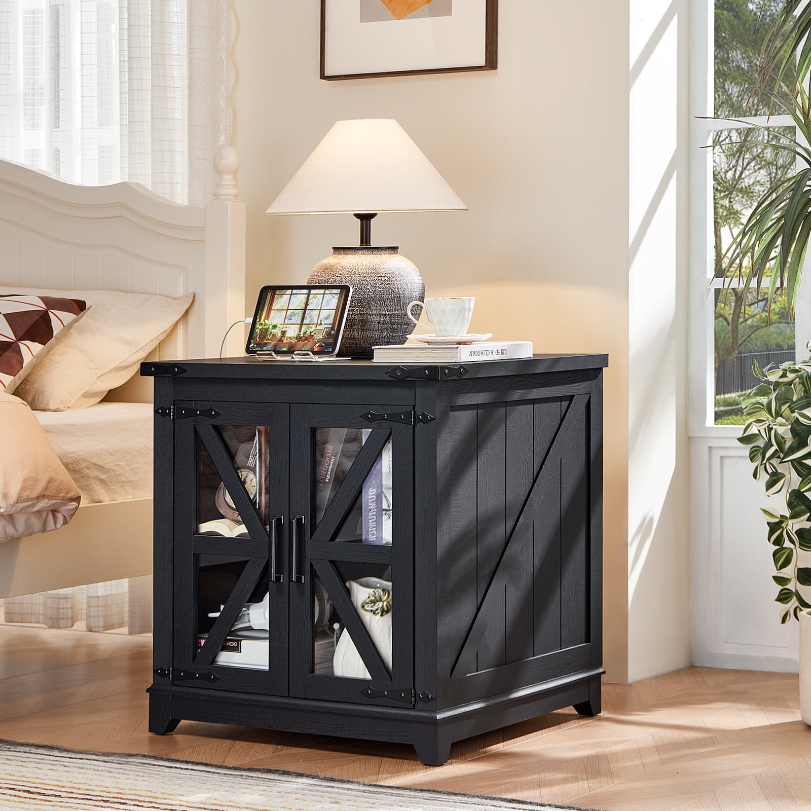 Side Table with Charging Station, End Table with Storage Night Stand with USB Ports and Outlets Small Wooden Cabinet for Living Room and Bedroom Espresso, Black