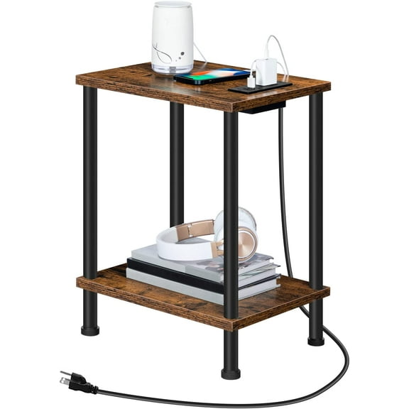 Side Table with Charging Station, End Table with USB Ports and Outlet, Nightstand with 2-Layer Storage Shelves for Small Spaces, Living Room, Bedroom, Stable Frame, Rustic Brown