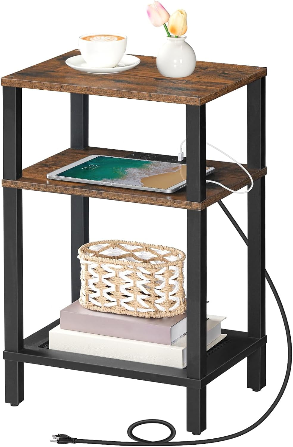 Side Table with Charging Station, End Table with USB Ports and Outlets