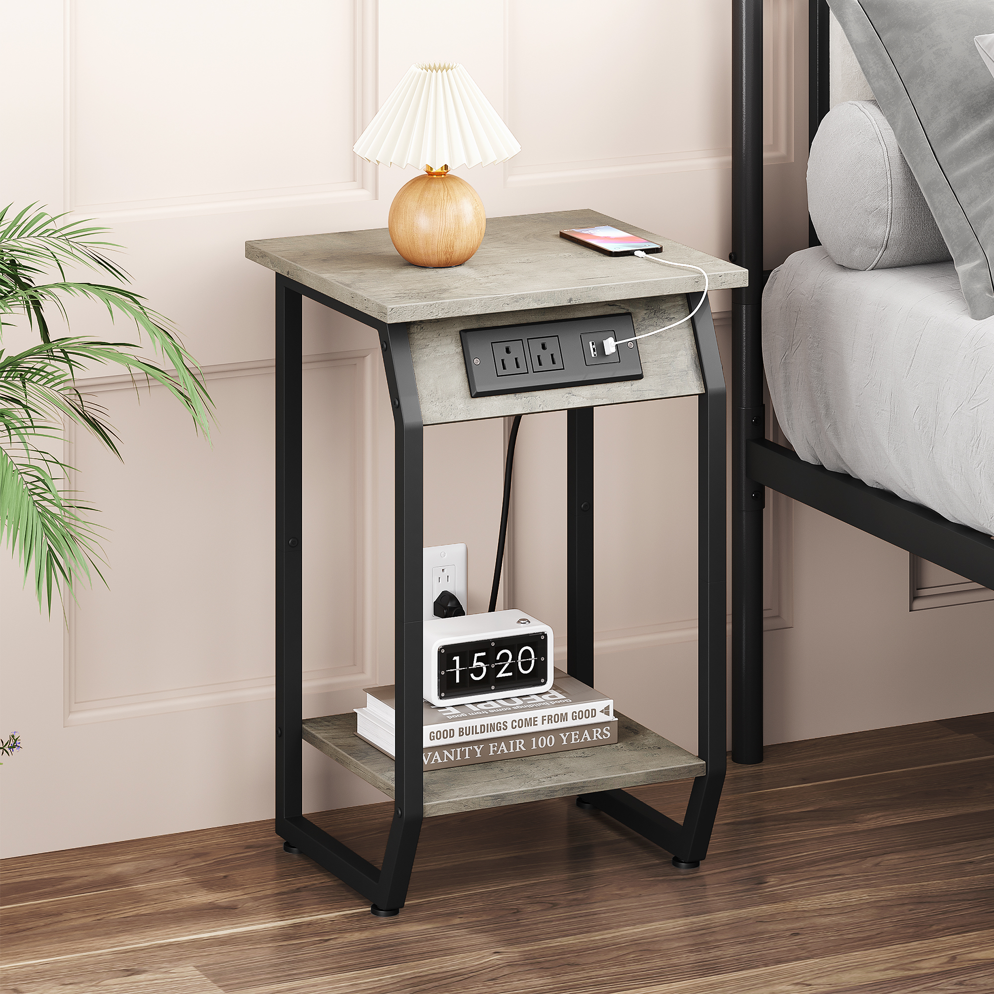 Side Table with Charging Station, Grey End Table with USB Charging