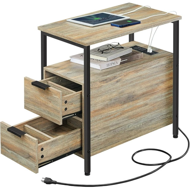 Side Table with Charging Station, Narrow End Table with 2 Drawers, Slim Nightstand and Bedside Table with Storage, for Small Spaces, Rustic Brown + Black