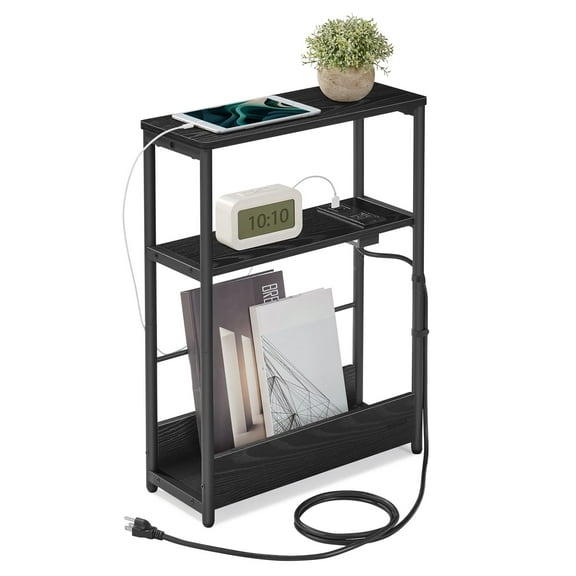 Side Table with Charging Station, Narrow End Table, 3-Tier Nightstand, Sofa Table for Small Spaces, Magazine Rack, for Living Room, Bedroom, Study, Ink Black