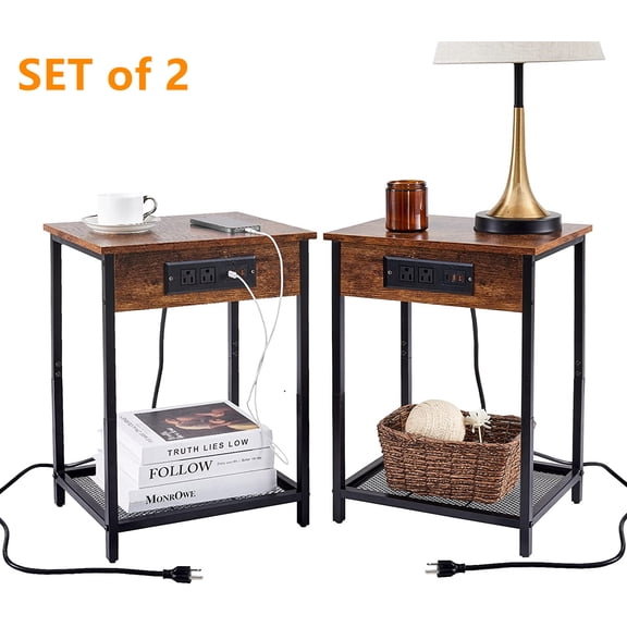 Side Table with Charging Station, Set of 2 End Tables with USB Port and Outlets, Nightstands with 2-Tier Storage Shelves, Sofa Table for Small Space, Living Room, Bedroom Brown