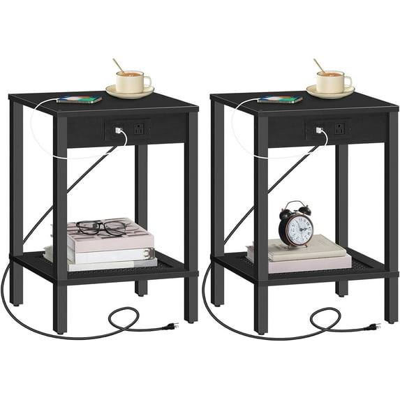 Side Table with Charging Station, Set of 2 End Tables with USB Ports and Outlet, Nightstand with 2-Tier Storage Shelf, for Living Room, Bedroom, Small Space, Black