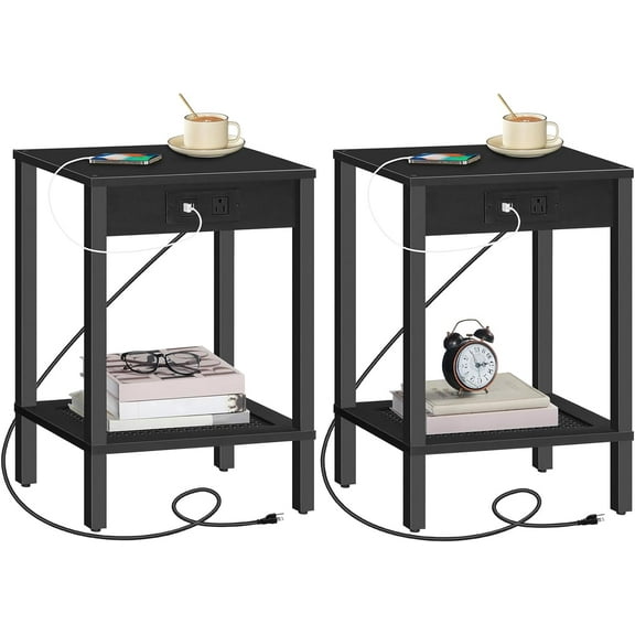 Side Table with Charging Station, Set of 2 End Tables with USB Ports and Outlet, Nightstand with 2-Tier Storage Shelf, for Living Room, Bedroom, Small Space, Black