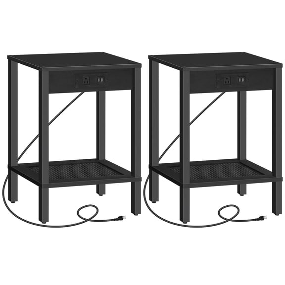 Side Table with Charging Station, Set of 2 End Tables with USB Ports and Outlet, Nightstand with 2-Tier Storage Shelf, for Living Room, Bedroom, Small Space, Black