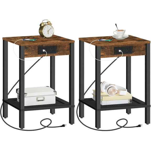 Side Table with Charging Station, Set of 2 End Tables with USB Ports and Outlet, Nightstand with 2-Tier Storage Shelf, for Living Room, Bedroom, Small Space, Rustic Brown and Black
