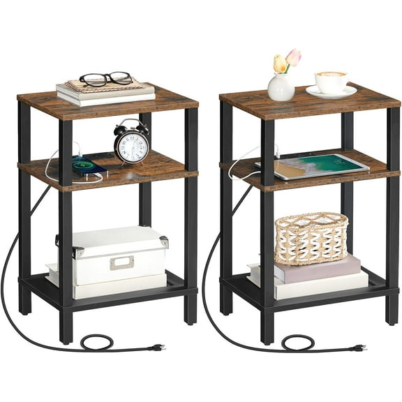 Side Table with Charging Station, Set of 2 End Tables with USB Ports and Outlets, 3-Tier Storage Shelves Nightstand, Sofa Table for Bedroom, Living Room, Rustic Brown and Black