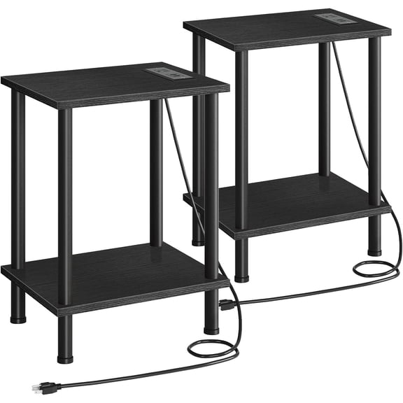 Side Table with Charging Station, Set of 2 End Tables with USB Ports and Outlets, Nightstand with 2-Layer Storage Shelves for Small Spaces, Living Room, Bedroom, Black BK09UBZP201