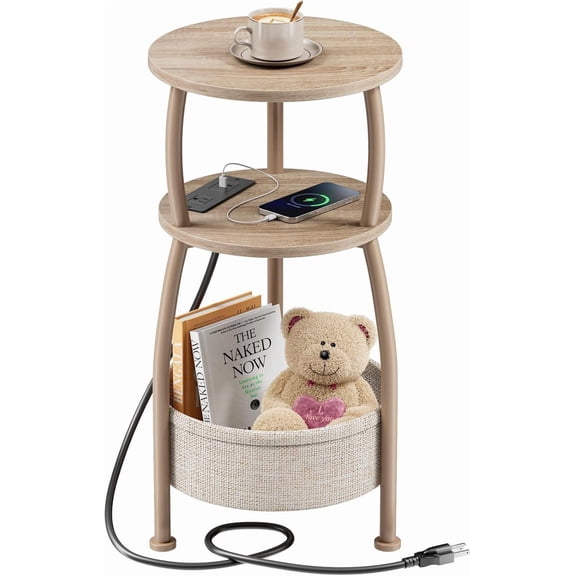 Side Table with Charging Station, Small Round End Table with Basket, USB Port and Outlet, 3 Tiers Sofa Couch Table Bedside Table for Living Room Bedroom, Small Spaces, 11.81in Light Oak