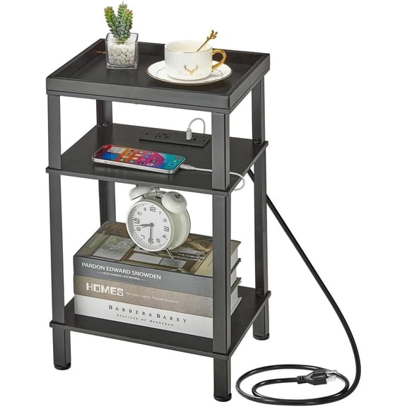 ZEXVIDA Side Table with Charging Station for Small Spaces, 3-Tier End Table with USB Ports & Power Outlets, Narrow End Table Bedside Table Nightstand with Metal Tabletop Tray Storage (Black)