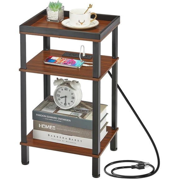 Side Table with Charging Station for Small Spaces, 3-Tier End Table with USB Ports & Power Outlets, Narrow End Table Bedside Table Nightstand with Metal Tabletop Tray Storage (Cherry)